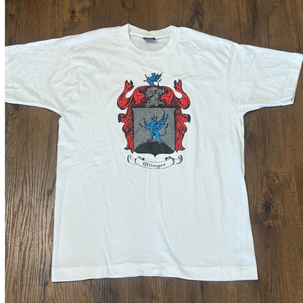Vintage Olinger Family Crest T-Shirt Large Single Stitch White